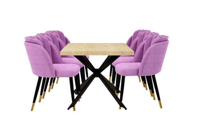 Milano Duke LUX Dining Set - a Oak Dining Table & 6 Dining Chairs with Gold End Caps - Purple