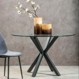 Clear Glass Top Round Dining Table with Grey Metal Legs, Salford - thumbnail 1
