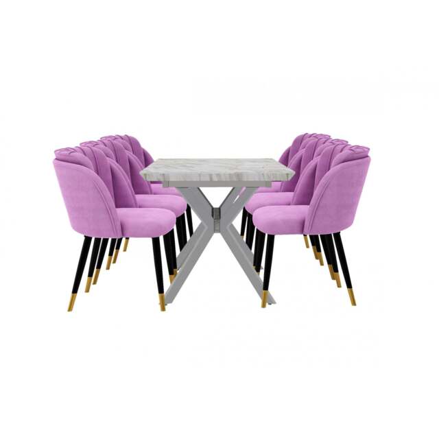Milano Blaze LUX Dining Set - a White EXTENDABLE Dining Table & 6 Velvet Dining Chairs with Gold End Caps - Purple