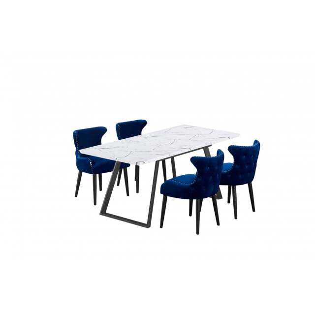 Toga Oxford LUX Dining Set - Toga Extendable White Dining Table w/ a Set of 4 Oxford LUX Velvet Dining Chairs - Blue