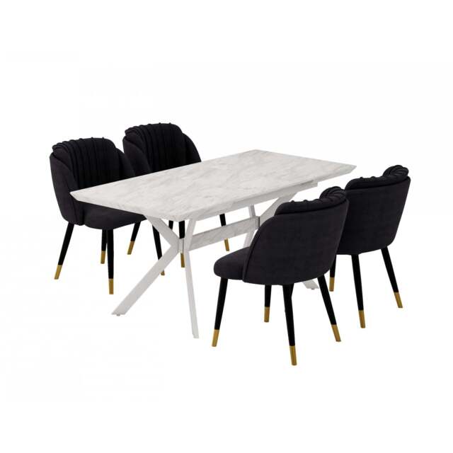 Milano Blaze LUX Dining Set - a White EXTENDABLE Dining Table & 4 Velvet Dining Chairs with Gold End Caps - Black