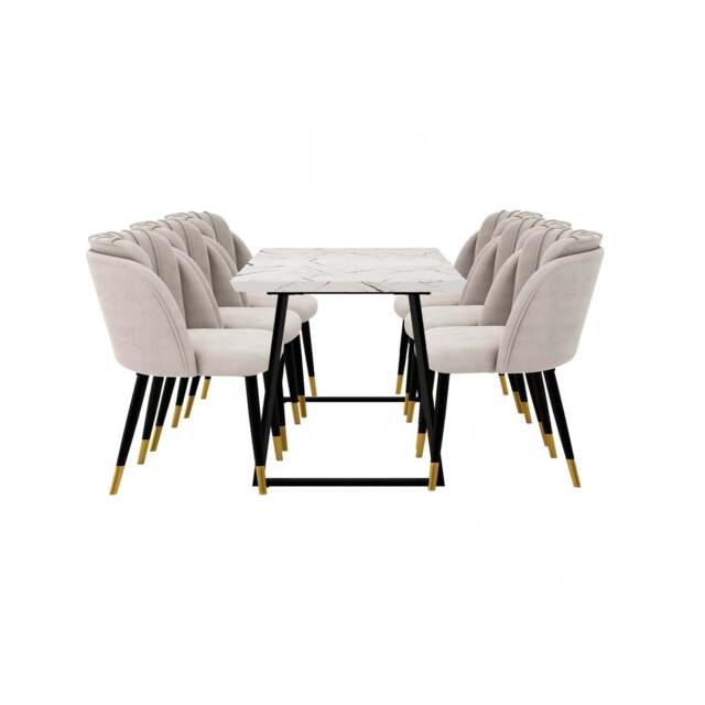 Milano Toga Extendable Dining Set - a White Extendable Dining Table & 6 Dining Chairs with Gold End Caps - Grey