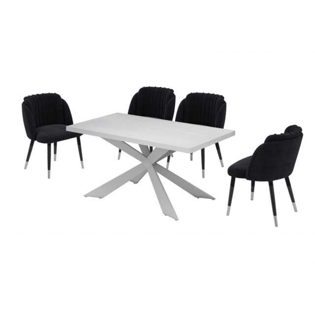 Milano Duke LUX Dining Set - a White Dining Table & 4 Velvet Dining Chairs with Silver End Caps - image 1