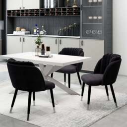 Milano Duke LUX Dining Set - a White Dining Table & 4 Velvet Dining Chairs with Silver End Caps - thumbnail 2