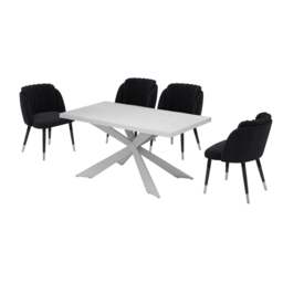 Milano Duke LUX Dining Set - a White Dining Table & 4 Velvet Dining Chairs with Silver End Caps - thumbnail 1