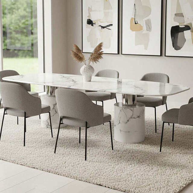 White Marble Dining Table with Cylindrical Marble Legs and Silver Metal Supports, Sesto - image 1
