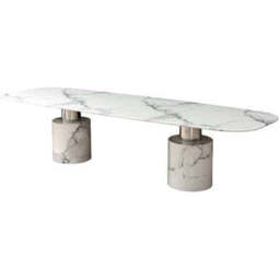 White Marble Dining Table with Cylindrical Marble Legs and Silver Metal Supports, Sesto - thumbnail 2
