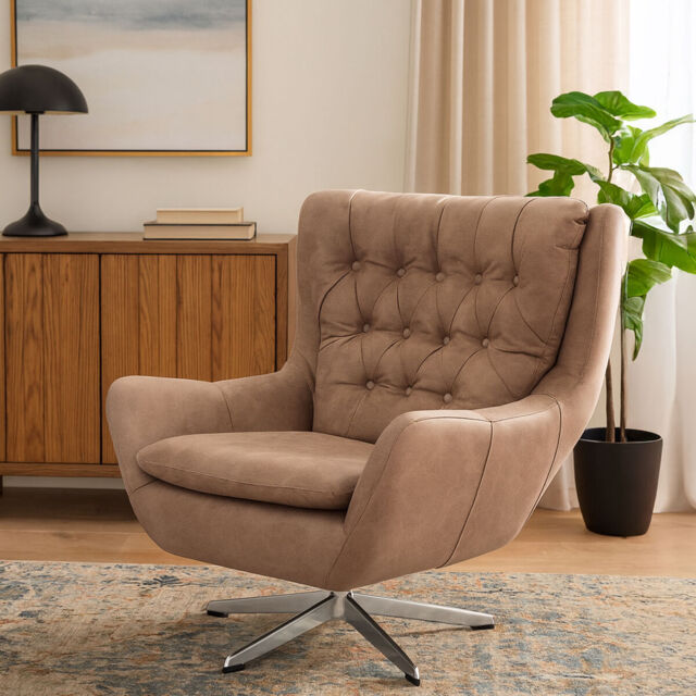 Harold Brown Leather Effect Button Tufted Swivel Chair - image 1