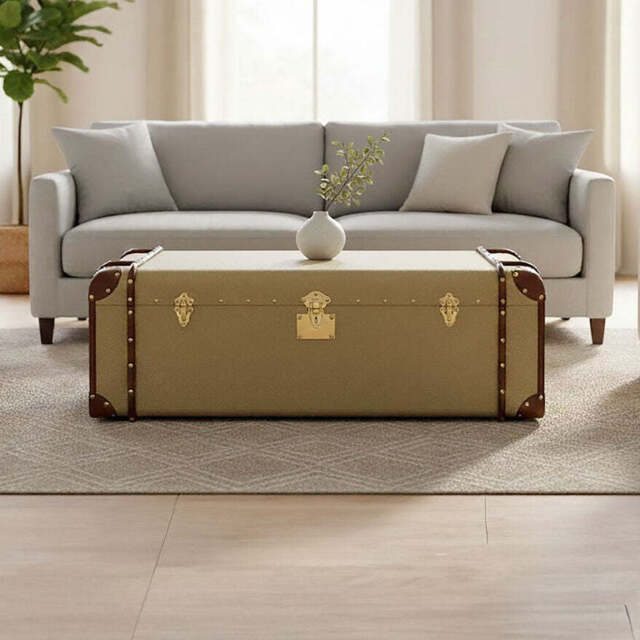 Mango Wood Canvas Trunk Coffee Table with Genuine Leather Detail, Columbus - image 1