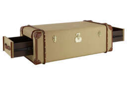 Mango Wood Canvas Trunk Coffee Table with Genuine Leather Detail, Columbus - thumbnail 5