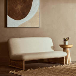 2 Seater Armless Cream Textured Linen Sofa with Wood Base, Parova - thumbnail 1
