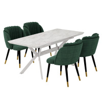 Milano Blaze LUX Dining Set - a White EXTENDABLE Dining Table & 4 Velvet Dining Chairs with Silver End Caps - Green