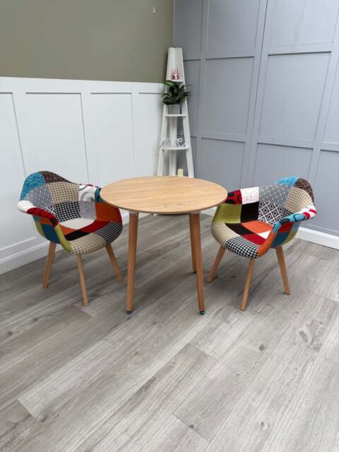 Patchwork Halo Dining Table Set - Set of 2 Patchwork Retro Armchairs & a Halo Dining Table - Wood