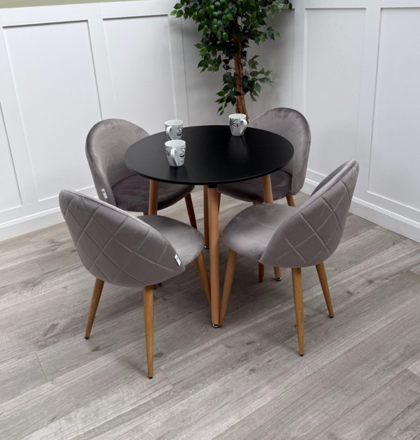 Lucia Dining Set with Round Table and Set of 4 Lucia Velvet Dining Chairs - Black / Grey