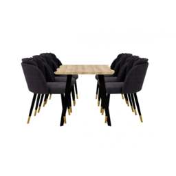 Milano Rocco Duke LUX Dining Set - a Oak Dining Table & 6 Velvet Dining Chairs with Gold End Caps - Black