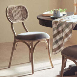 Cebu Grey Wash Wood and Rattan Dining Chair with Fabric Seat - thumbnail 1