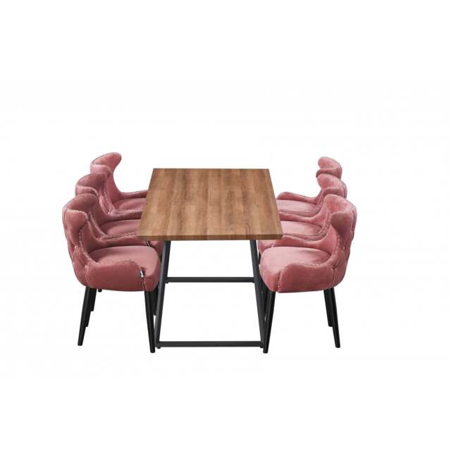 Toga Oxford LUX Dining Set - Toga Extendable Walnut Dining Table w/ a Set of 6 Oxford LUX Velvet Dining Chairs - Pink