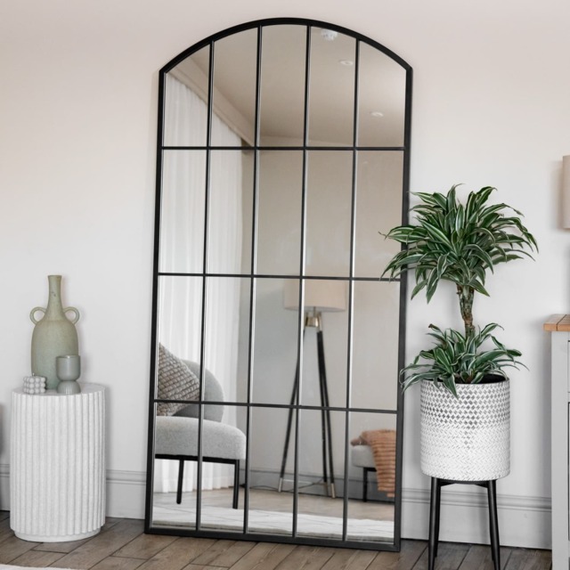 Tomi - Full Length Black Metal Arched Lattice Window Mirror - 180cm x 90cm - image 1