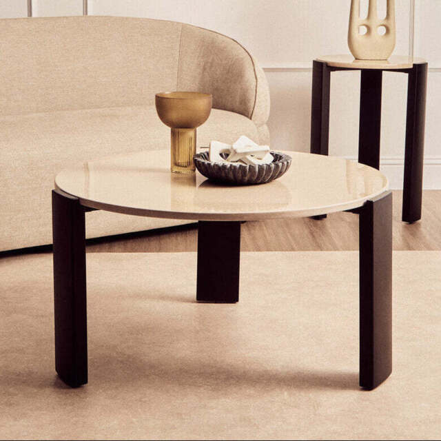 Cream Round Marble Top Large Coffee Table with Black Acacia Legs, Palermo - image 1