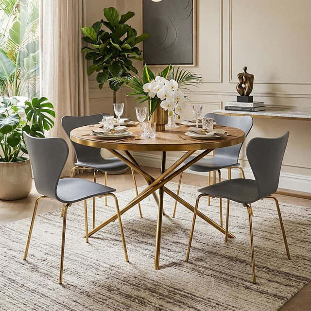 Gold Aged Fir Wood Rustic Top Dining Table with Stainless Steel Tied Base, Jana - image 1