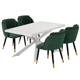 Milano Duke LUX Dining Set - a White Dining Table & 4 Velvet Dining Chairs with Gold End Caps - Green