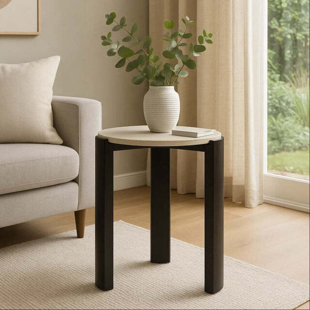 Cream Marble Top Round Side Table with Black Acacia Wood Legs, Palermo - image 1