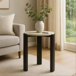 Cream Marble Top Round Side Table with Black Acacia Wood Legs, Palermo - thumbnail 1