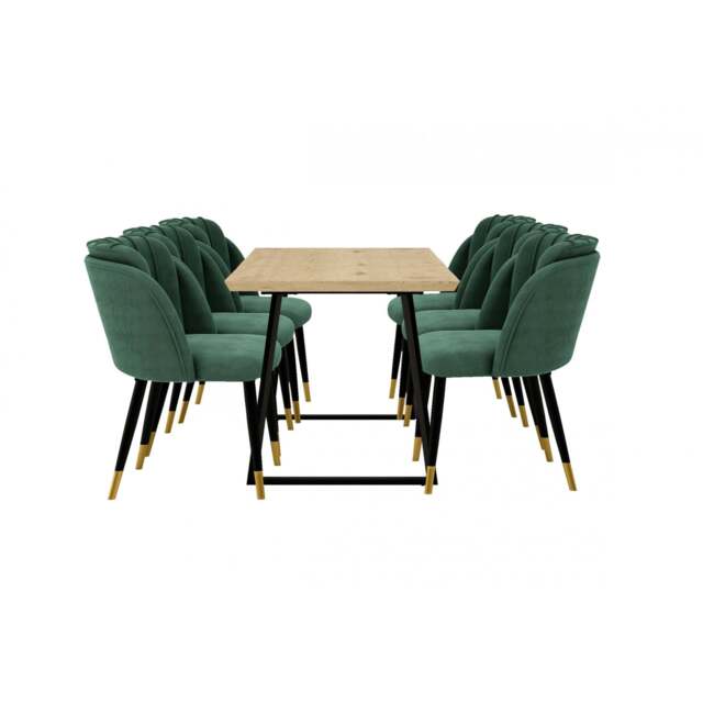Milano Toga Extendable Dining Set - a Brown Extendable Dining Table & 6 Dining Chairs with Gold End Caps - Green