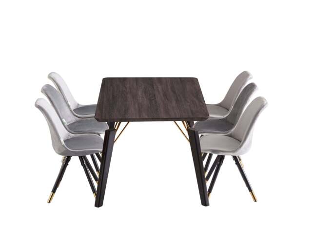 Sofia Cosmo Black LUX Dining Set with 6 Velvet Chairs - Light Grey