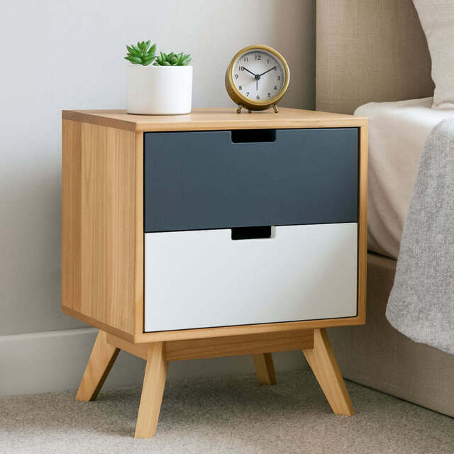 Grey and White Two-Drawer Bedside Table with Natural Wood Finish Frame - Watson - image 1