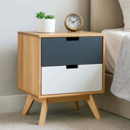 Grey and White Two-Drawer Bedside Table with Natural Wood Finish Frame - Watson