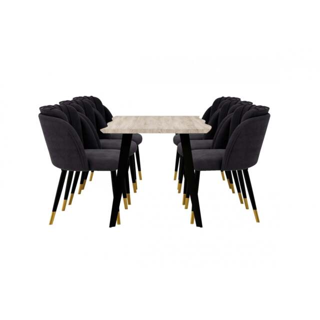 Milano Duke LUX Dining Set - a Light Walunt Dining Table & 6 Velvet Dining Chairs with Gold End Caps - image 1