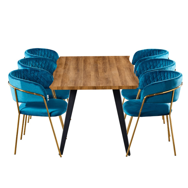 5PCs Dining Set - an Oak Rocco Lux Dining Table & Set of 6 Blue Atarah chair with Gold Metal Legs