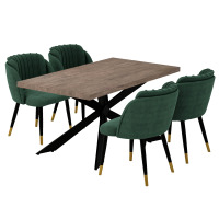 Milano Duke LUX Dining Set - a Walnut Dining Table & 4 Velvet Dining Chairs with Silver End Caps - Green
