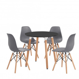 Eiffel Halo Round Dining Table Set with 4 Chairs - MDF Top, Plastic Chairs with Wooden Legs - Gray / Black