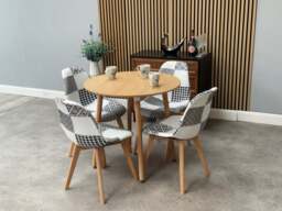 Patchwork Fabric Chair with Wooden Legs - Black and White - thumbnail 2