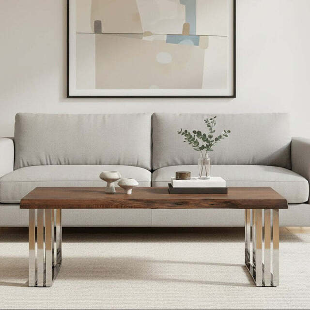 Natural Wood Top Coffee Table with Silver Stainless Steel Looped Base, Hampstead - image 1
