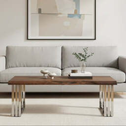 Natural Wood Top Coffee Table with Silver Stainless Steel Looped Base, Hampstead - thumbnail 1