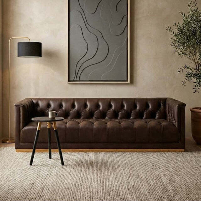 King Dark Brown Leather Button Tufted 3 Seater Modern Chesterfield Sofa with Oak Wood Base - image 1