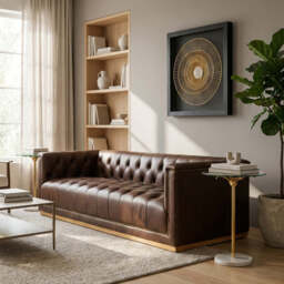 King Dark Brown Leather Button Tufted 3 Seater Modern Chesterfield Sofa with Oak Wood Base - thumbnail 3