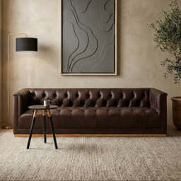 King Dark Brown Leather Button Tufted 3 Seater Modern Chesterfield Sofa with Oak Wood Base