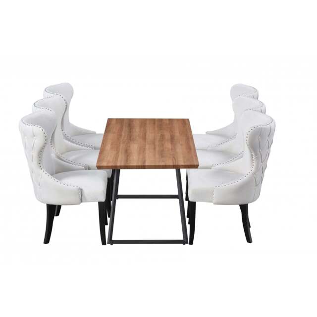 Toga Mayfair LUX Dining Table Set - Toga Extendable Walnut Dining Table w/ a Set of 6 Mayfair LUX Velvet Dining Chairs - Cream
