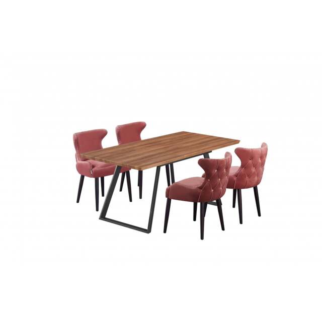 Toga Oxford LUX Dining Set - Toga Extendable Walnut Dining Table w/ a Set of 4 Oxford LUX Velvet Dining Chairs - Red