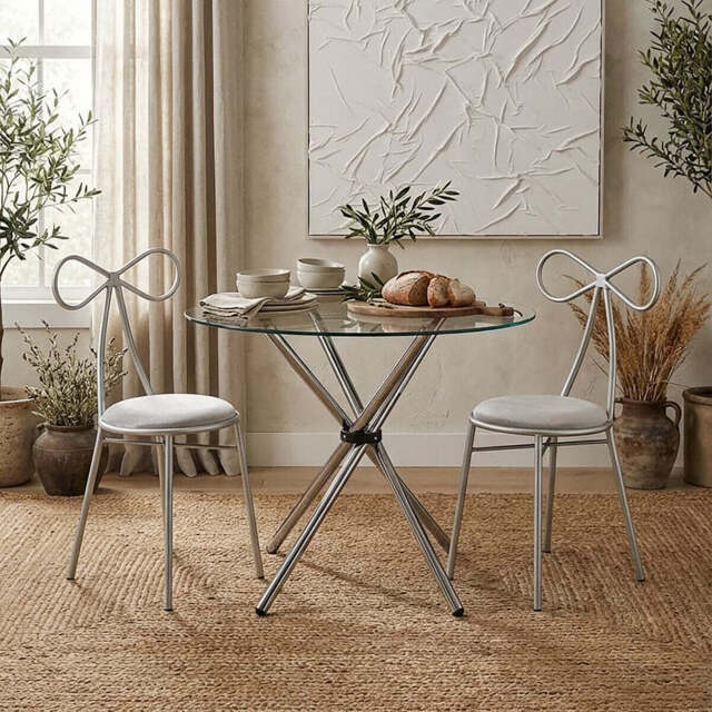 Clear Glass Top Round Dining Table with Silver Finish Metal Cross Base, Afton - image 1