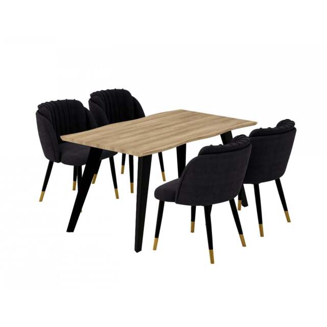 Milano Rocco Duke LUX Dining Set - a Oak Dining Table & 4 Velvet Dining Chairs with Gold End Caps - Black