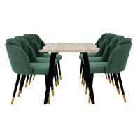 Milano Duke LUX Dining Set - a Light Walunt Dining Table & 6 Velvet Dining Chairs with Gold End Caps - Green
