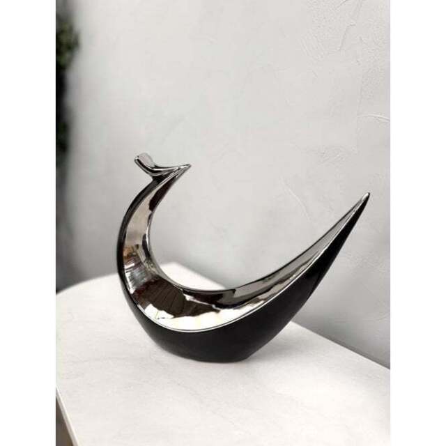 Hand Casted Ceramic Abstract Bird Sculpture - Black & Silver Glossy Finish - image 1