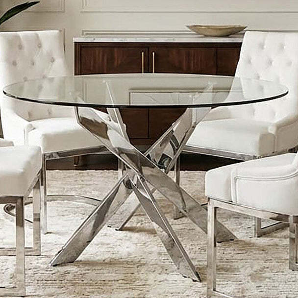Round Clear Tempered Glass Dining Table with Intersecting Chrome Stainless Steel Legs, Allure - image 1