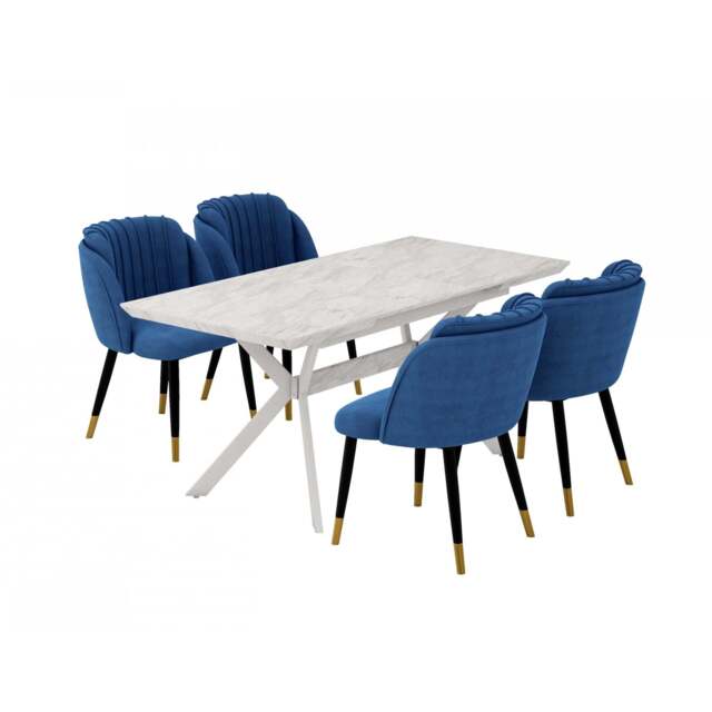 Milano Blaze LUX Dining Set - a White EXTENDABLE Dining Table & 4 Velvet Dining Chairs with Gold End Caps - Blue