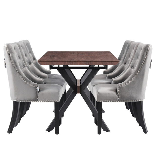 Blaze Walnut Dining Table and Set of 4 Black Windsor Dining Chairs - Dark Grey